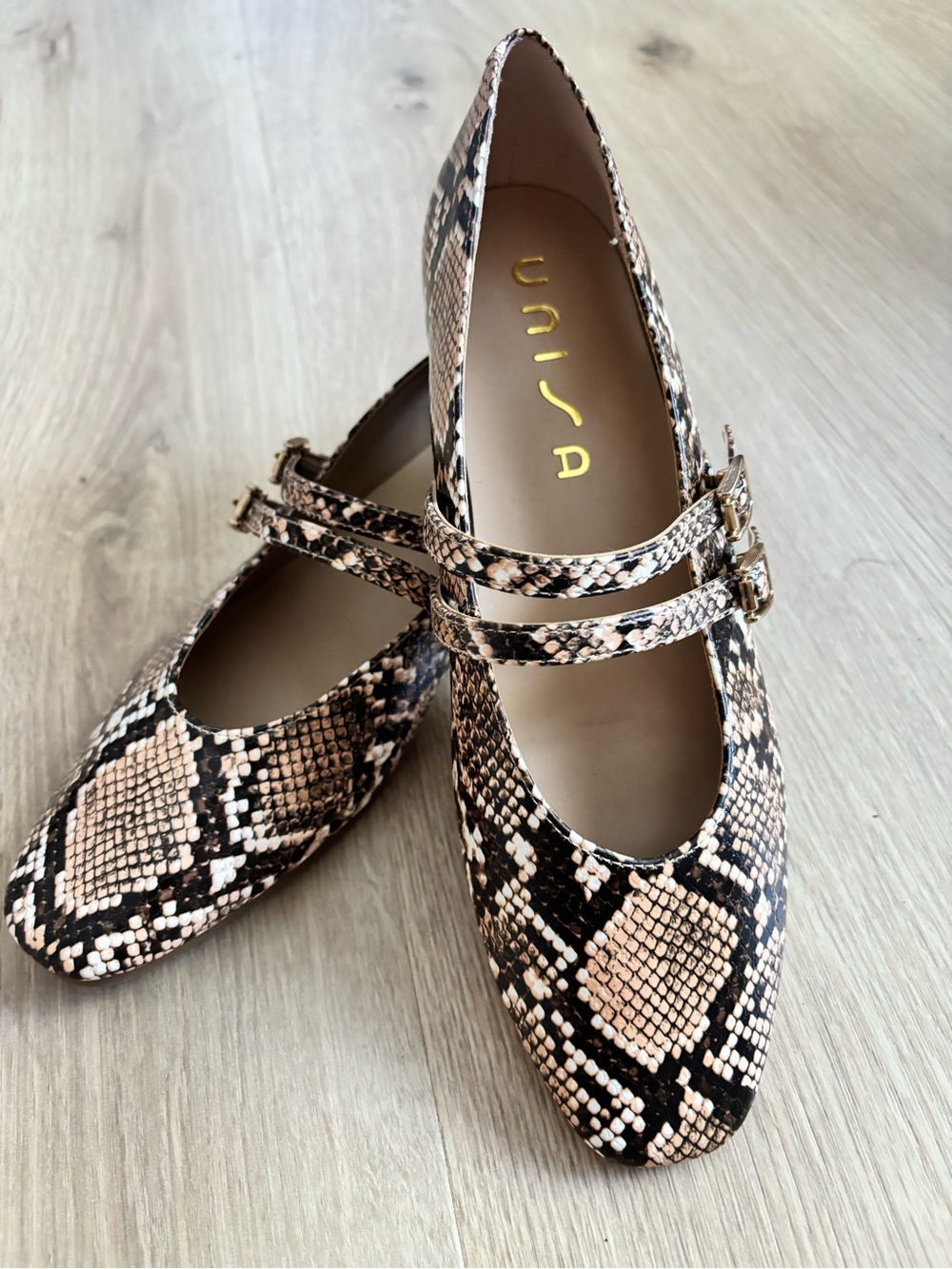 Unisa Double-Strap Snake-Print Flats in Beige and Black